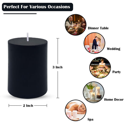 2x3 Inch Black Pillar Candles, 12 Pack Unscented Column Candles for Home Restaurants Spa Church Weddings, Smokeless Dripless and Clean Burning Emergency Candle