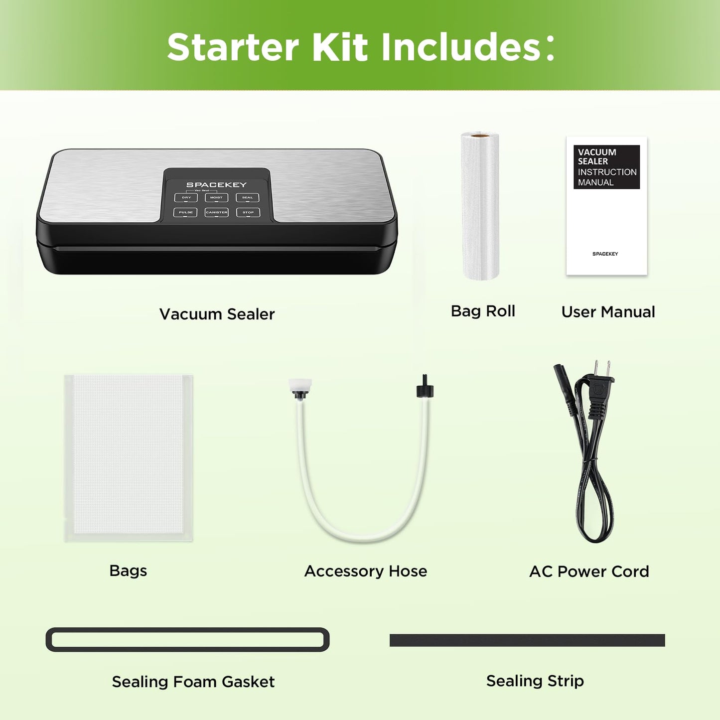 SPACEKEY Vacuum Sealer Machine, 85Kpa Food Vacuum Machine, Food Vacuum Sealer with Bag Roll Storage Space, Dry&Moist Modes, Pulse Function, Built in Cutter, Bag Roll included, Silver