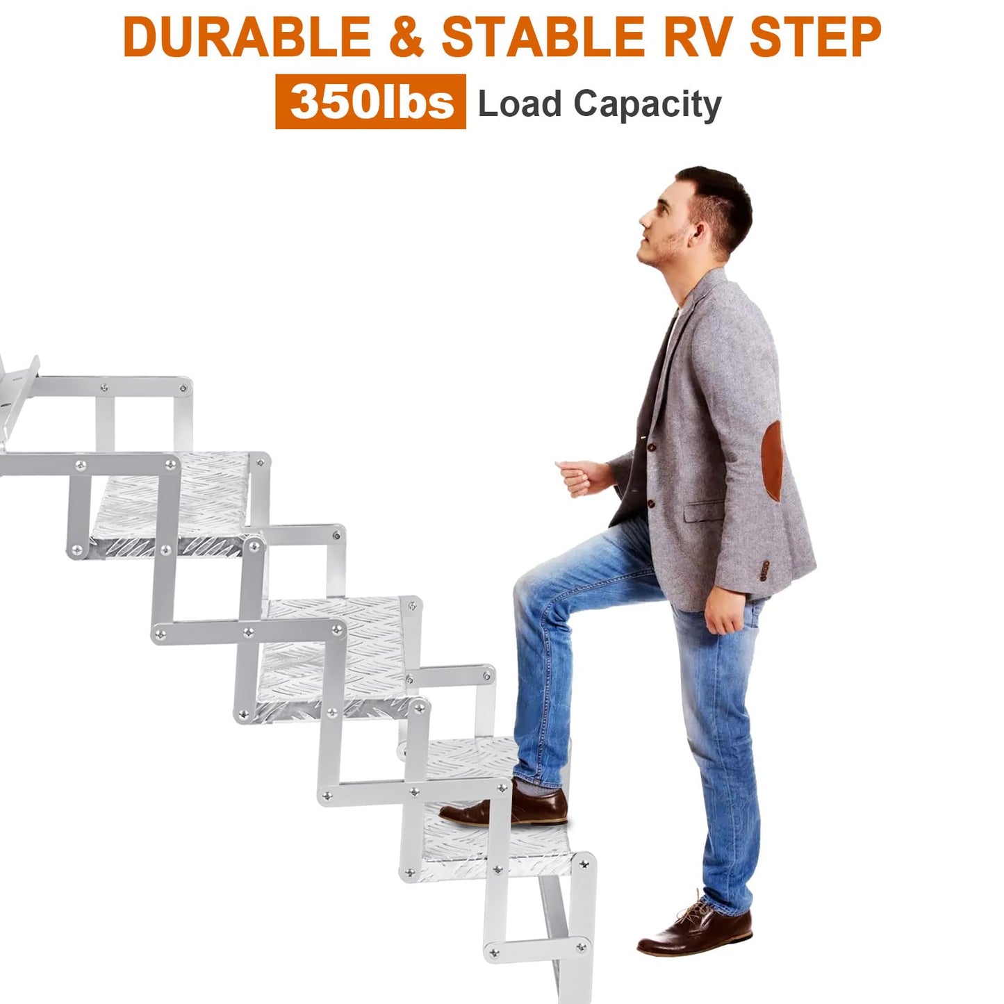 KodMtiz Aluminum Scissor Stairs, 3 Steps Outdoor RV Step Ladder, 18" Wide Camper Stair Ladder with Anti-Slip Surface, Portable Stairs for Travel Trailer, Silver