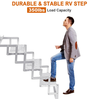 KodMtiz Aluminum Scissor Stairs, 3 Steps Outdoor RV Step Ladder, 18" Wide Camper Stair Ladder with Anti-Slip Surface, Portable Stairs for Travel Trailer, Silver