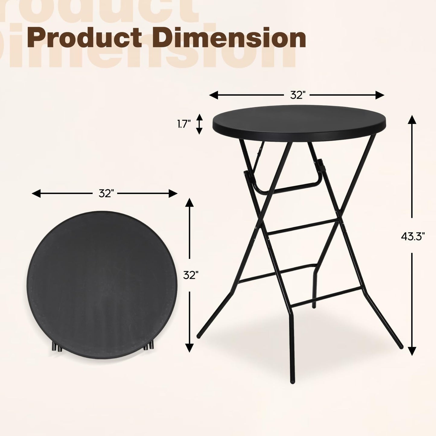GlowitLian 32" Round Folding Table, Portable Bar Height Folding Table with Detachable Legs, Round Foldable Table with HDPE Top for Standing Parties, Balcony, Event, Indoor Outdoor Use (Black, 2 Pack)