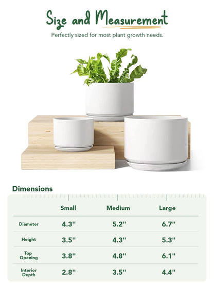 LE TAUCI Ceramic Plant Pots, 4.3+5.3+6.8 inch, Set of 3, Planters with Drainage Hole and Saucer, Indoor Flower Pot with Hole Mesh Pad, Gifts for Mom, White