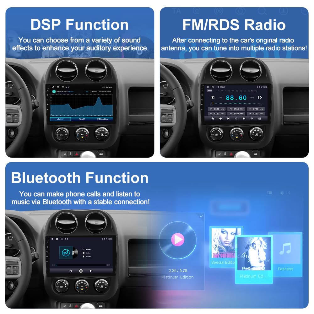 Car Radio for Jeep Compass Patriot 2010–2016, 10.1" Touchscreen Android 13 Stereo Quad-Core | 2GB RAM 64GB ROM | Wireless CarPlay Android Auto | Backup Camera, WiFi, FM AM, Steering Wheel Control