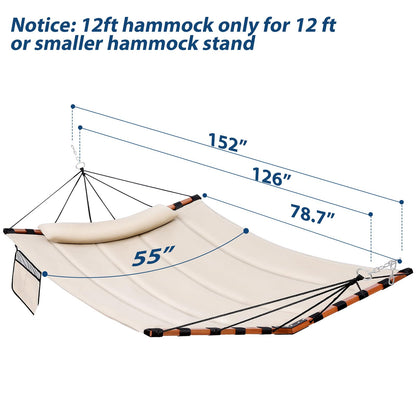 TegerDeger 12FT 2 Person Hammock with V Shaped Hardwood Spreader Bar & Nylon Rope for Outside, Patio, Garden, Backyard, Beach, Poolside, 450LB Capacity, 55in x 79in - Beige