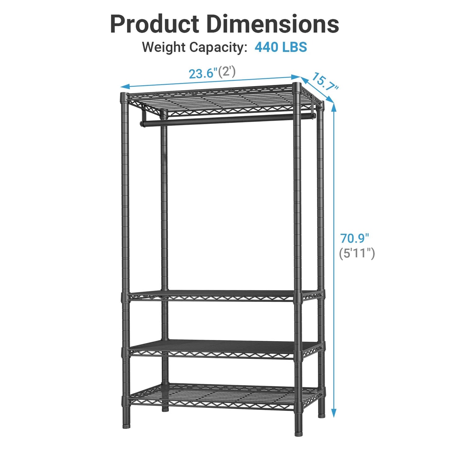 VIPEK V1 Medium Portable Garment Racks 440lbs Load Capacity, Heavy Duty Clothes Rack with 4 Tiers Adjustable Shelves & Hanging Rod, Compact Space-Saving Storage for Small Apartments/Dorms (Black)