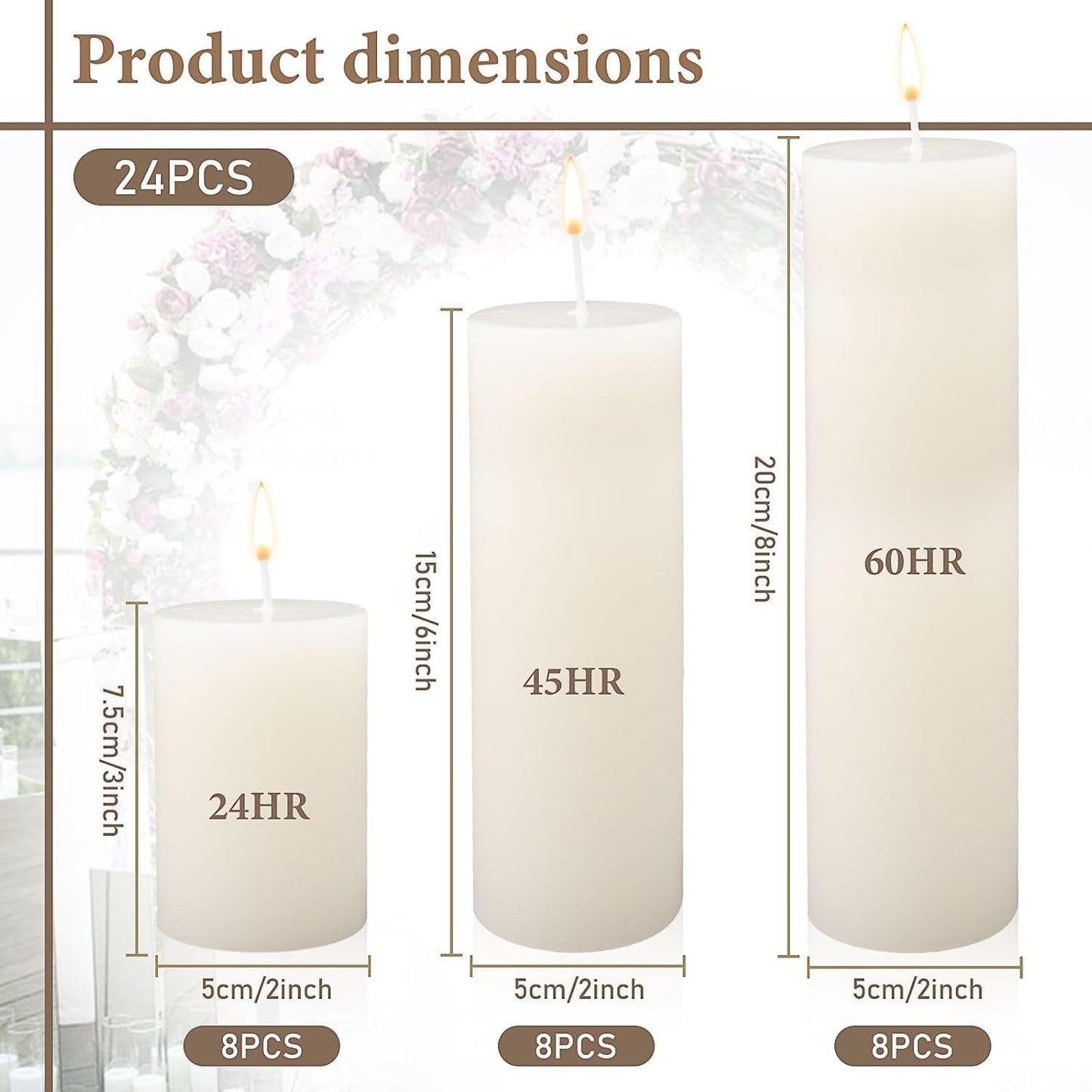 24 Pack Pillar Candles Bulk,Ivory Unscented Tall Candles,3 Sizes White Dripless Smokeless Wax Sticks for Wedding,Dinner Table,Christmas and Home Decor,24|45|60 Hours Burning