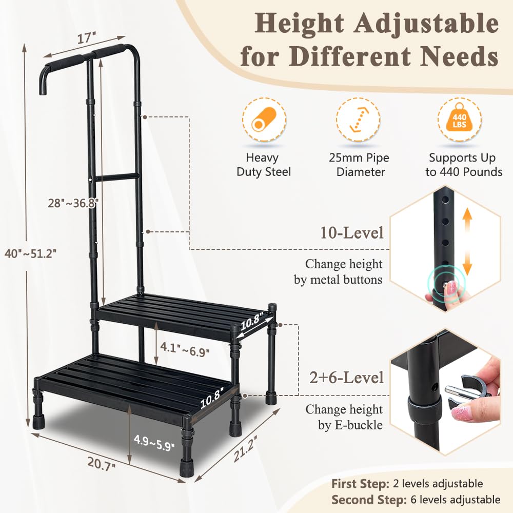 Bed Steps for High Beds for Adults Medical Step Stool with Handle Elderly Handicap Bedside Step Safety Car Step Stool with Handrail 2 Step Platforms Heavy Duty Foot Stool for RV, Kitchen, Bathtub
