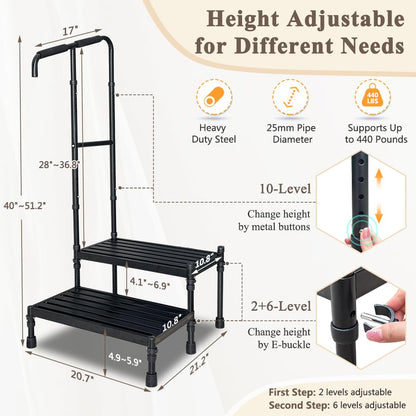 Bed Steps for High Beds for Adults Medical Step Stool with Handle Elderly Handicap Bedside Step Safety Car Step Stool with Handrail 2 Step Platforms Heavy Duty Foot Stool for RV, Kitchen, Bathtub