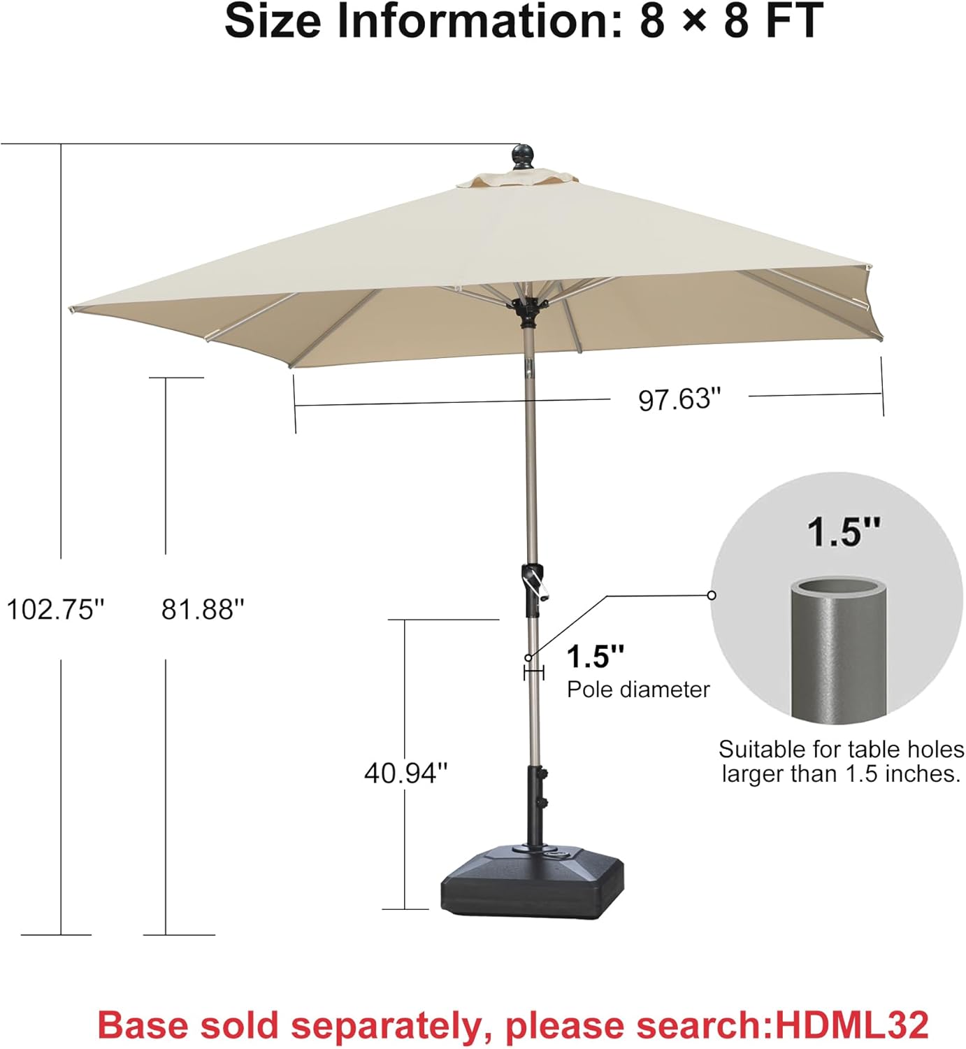 PURPLE LEAF 8' x 8' Square Patio Umbrella - Tilt Adjustment & Champagne Aluminum Frame for Deck, Garden, or Lawn