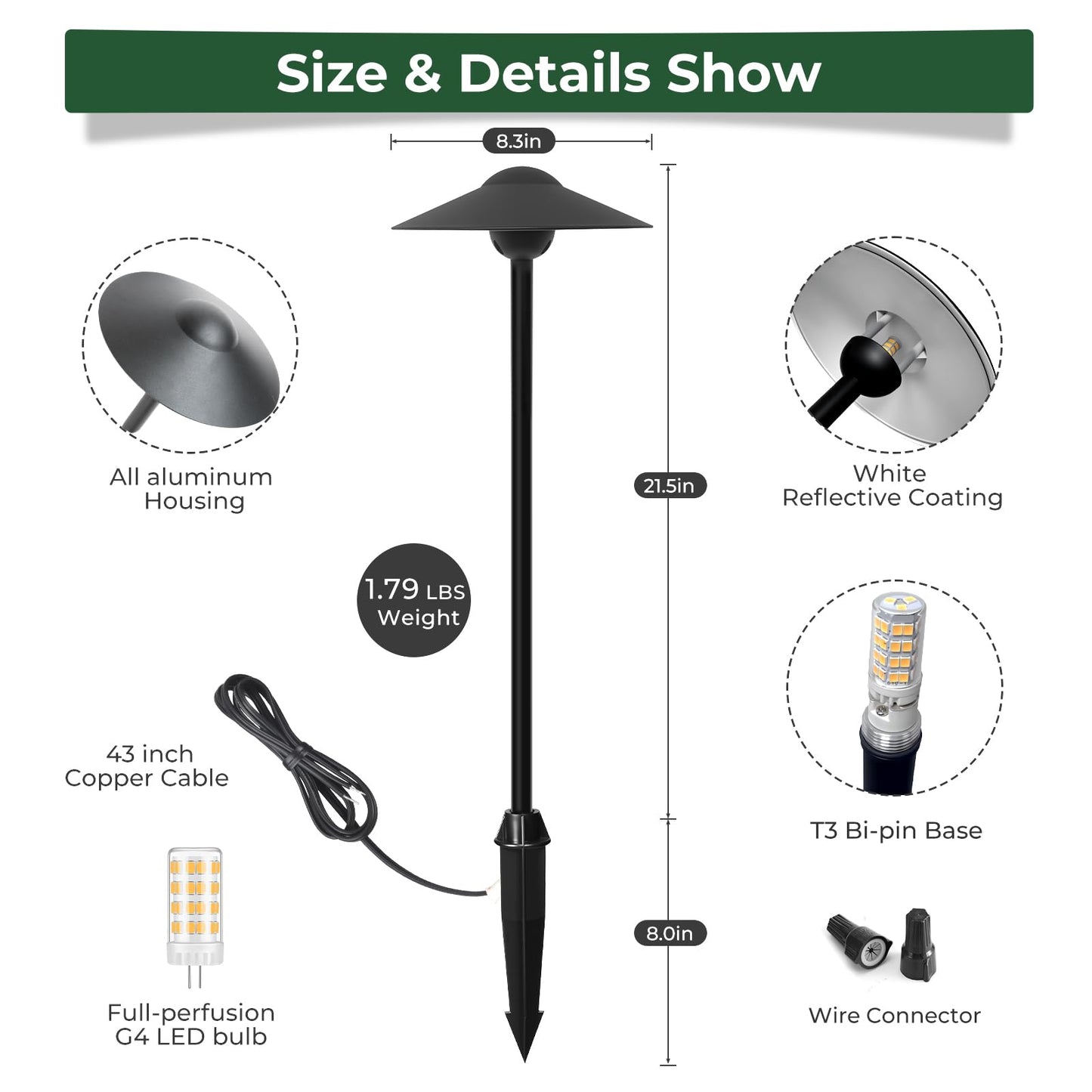 Gardencoin Low Voltage Pathway Lights (8.5'' Shade, 21.5'' Tall)，12V Outdoor LED Landscape Path Lights Wired, Aluminum Pathway Lighting with 3W 2700K Replaceable Bulb for Walkway Garden Yard, 6 Pack