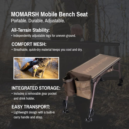 Momarsh Lightweight Adjustable Mobile Bench Seat | Weather-Proof Bench Seat with Breathable, Quick Dry Mesh, Removable Pocket, Drink Holder, and Adjustable Carry Strap | Must Have Hunting Gear