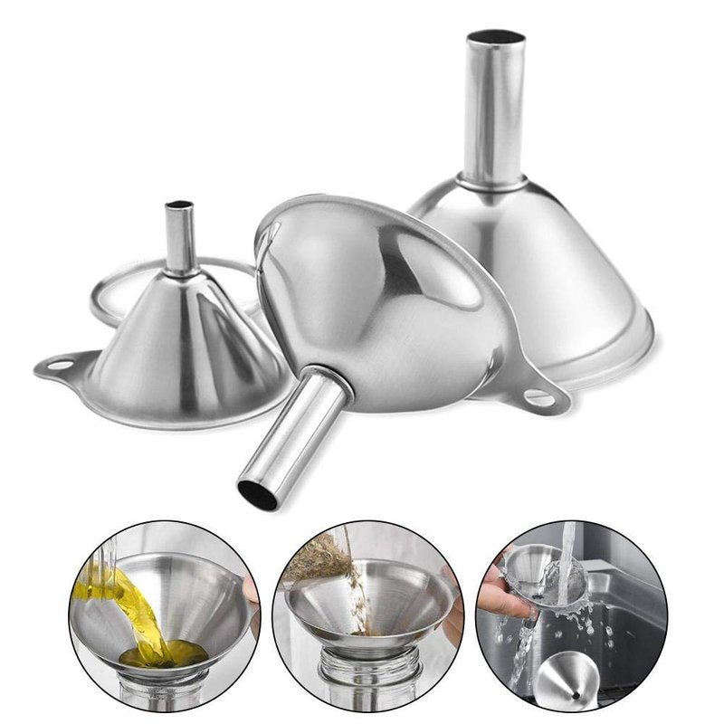 3 in 1 Metal Funnels for Filling Bottles Stainless Steel Small Kitchen Funnel Set for Transferring Essential Oils Liquid Fluid Spice Dry Ingredients Powder,Durable (‎Short-Handled Funnel)