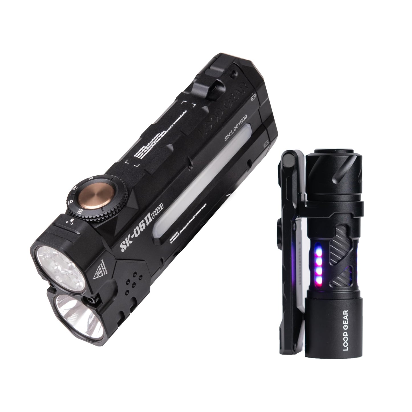 LOOP GEAR Camping & Emergency Flashlight Bundle – SK05 Pro 2 Flat EDC (5000LM, Dual Replaceable Batteries, IP68, Magnetic) + SK03 RGB Pro Mini (1000LM, 8-Color RGB, Built-in Multi-Tool, IP68, Magnetic