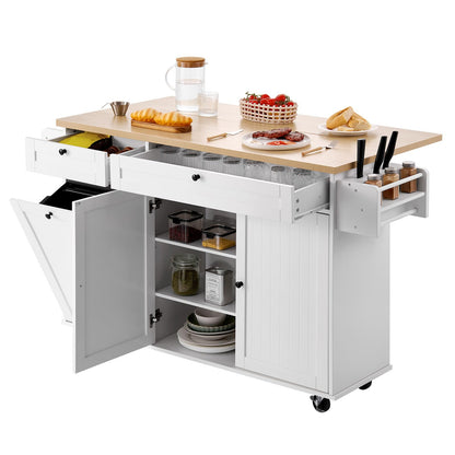 VEVOR Kitchen Island Cart with Storage, 60in Wide Mobile Kitchen Cart with Wheels, Drop Leaf, 2 Drawers, Trash Can Cabinet, Knife Holder, Spice Rack, and Towel Rack, Table for Dining Room, Pantry