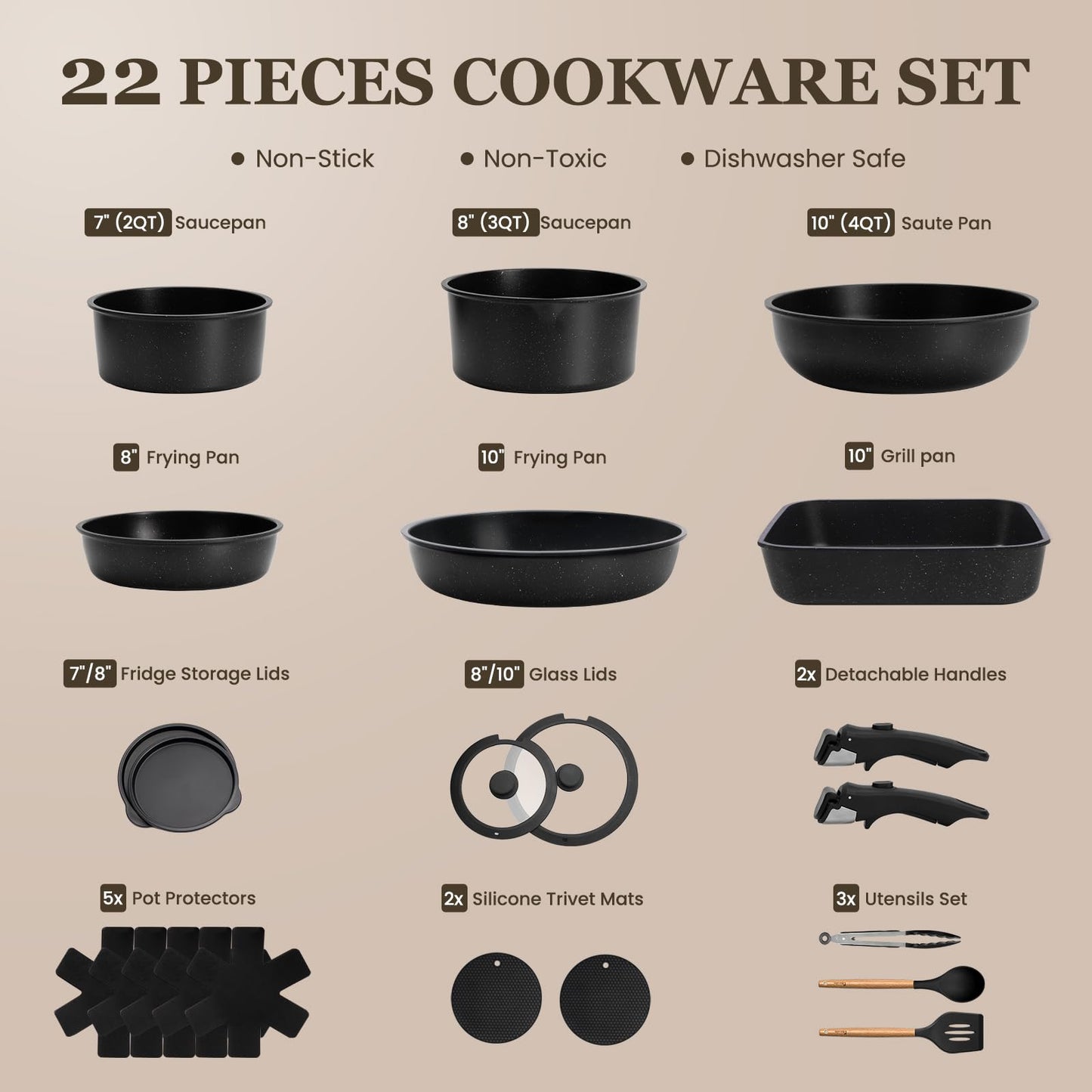 22 Pack Nonstick Pots and Pans Set, KIKCOIN Cookware Set with Detachable Handle, Kitchen Cooking Pans Set with Frying Pan, Grill Pan - Stackable for RV Kitchen, Induction Ready, Dishwasher/Oven Safe
