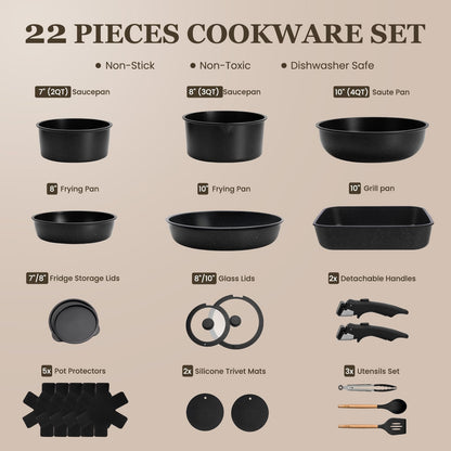 22 Pack Nonstick Pots and Pans Set, KIKCOIN Cookware Set with Detachable Handle, Kitchen Cooking Pans Set with Frying Pan, Grill Pan - Stackable for RV Kitchen, Induction Ready, Dishwasher/Oven Safe
