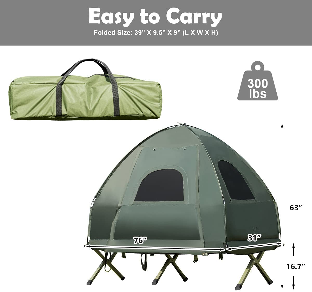 Moccha Folding Camping Tent Cot with Sleeping Bag and Air Mattress, Elevated Camping Tent with Carry Bag for Outdoor Activity, Hiking, Picnic (1-Person)
