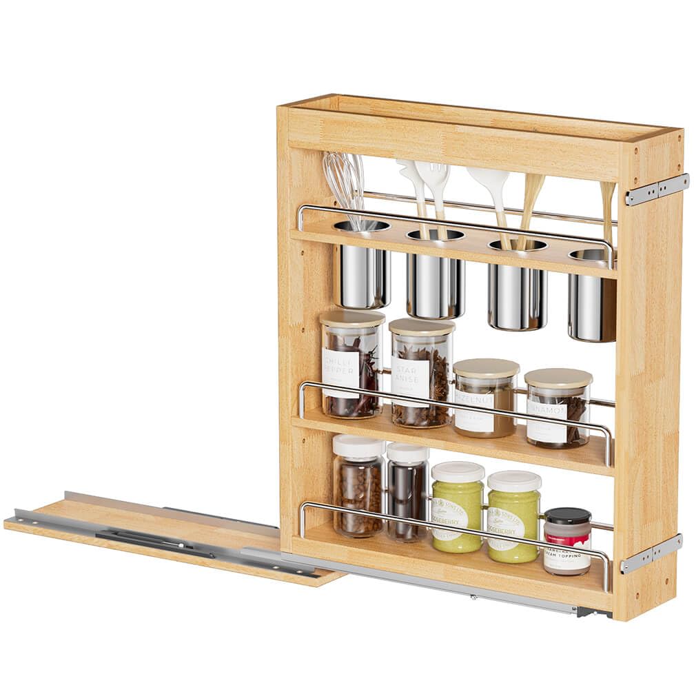 OCG 5" Pull-Out Solid Wood Storage Organizer for Base Cabinets, Soft Close 3 Tier Narrow Pull-out Wooden Storage Rack for Spices, Utensils, and Kitchen Tools