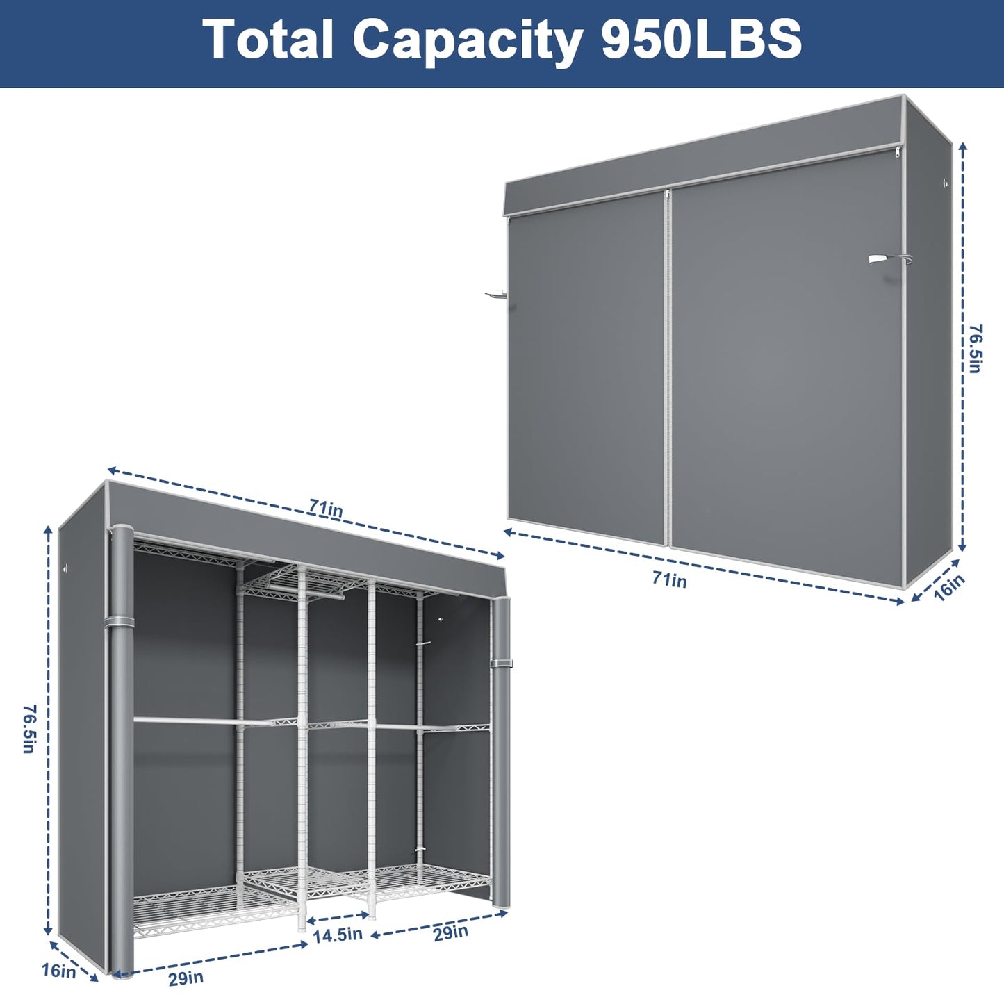 Ulif E12C Pro Heavy Duty Closet Organizer System，Freestanding Clothing Racks for Hanging Clothes，Adjustable Garment Rack 71"W x 16"D x 76.5"H Hold 960lbs，White Clothing Rack with Grey Dustproof Cover