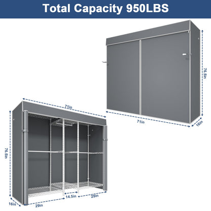 Ulif E12C Pro Heavy Duty Closet Organizer System，Freestanding Clothing Racks for Hanging Clothes，Adjustable Garment Rack 71"W x 16"D x 76.5"H Hold 960lbs，White Clothing Rack with Grey Dustproof Cover