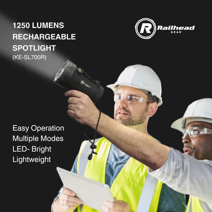 Rechargeable LED Flashlight Spotlight Outdoor Water Resistant 1250 Lumen Handheld with Swivel Stand, Hand Strap, and USB-c and Power Adaptor, Bright Light for Working, Hunting, Camping KE-SL700R