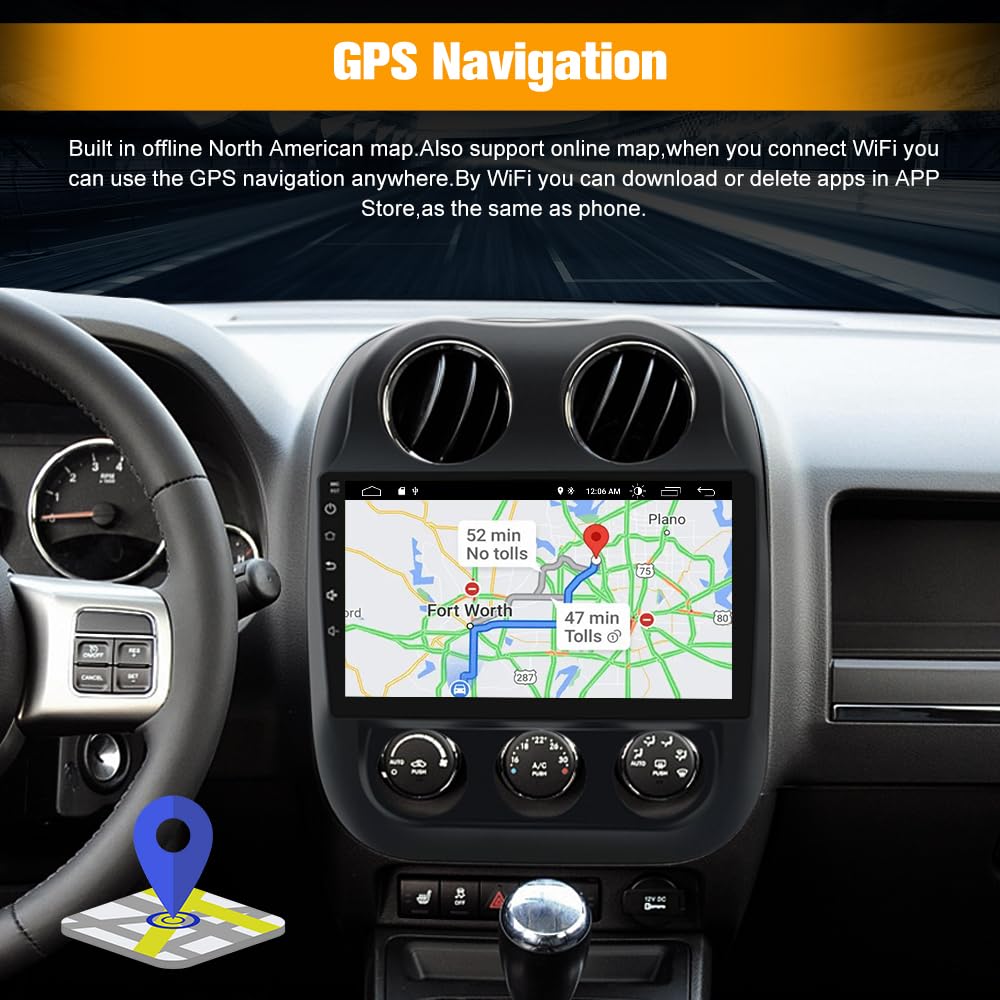Junsun 4G+64G 10 inch Touch Screen Car Radio Stereo for Jeep Compass Patriot 2010-2016 Android 13 CarPlay Android Auto Bluetooth with GPS Navigation
