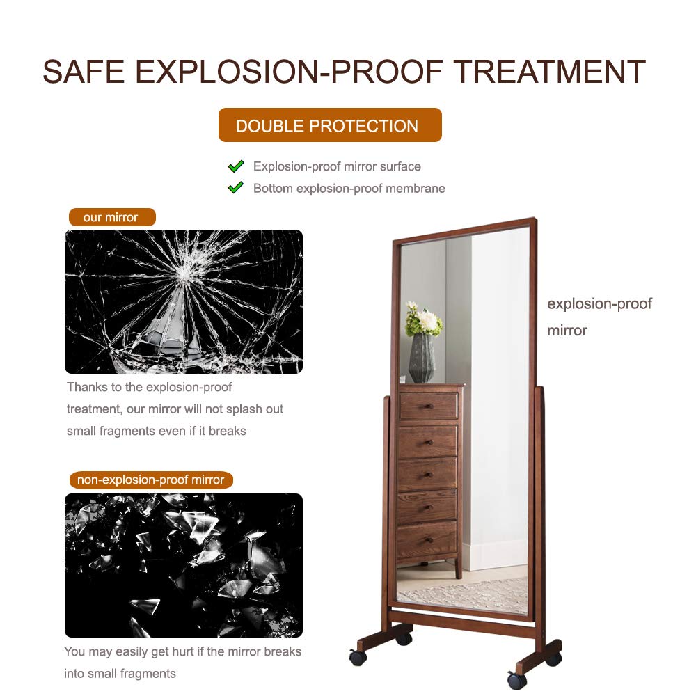 AISUNDY Swivel Full Length Mirror on Wheels 65"x22", Free Standing Wood Frame Cheval Floor Mirror for Dressing, Full Body with Stands, Tilt Angle Adjustable, Brown