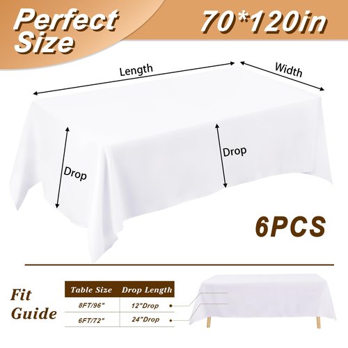 Fixwal 6 Pack White Table Cloth for Rectangle Table, 70 x 120 Inch Polyester Fabric Tablecloths Rectangular, Table Covers 6-8ft for Party, Banquet, Dining, Wedding, Graduation
