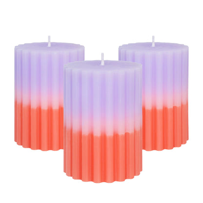 FLAVCHARM Ribbed Pillar Candles Purple Coral Gradient Vanilla Scented 3x4 Inch Candle Handmade Striped Aesthetic Retro Textured Pillar Candle for Boho Home Decor, Coffee Table, Weddings Party, 3-Pack