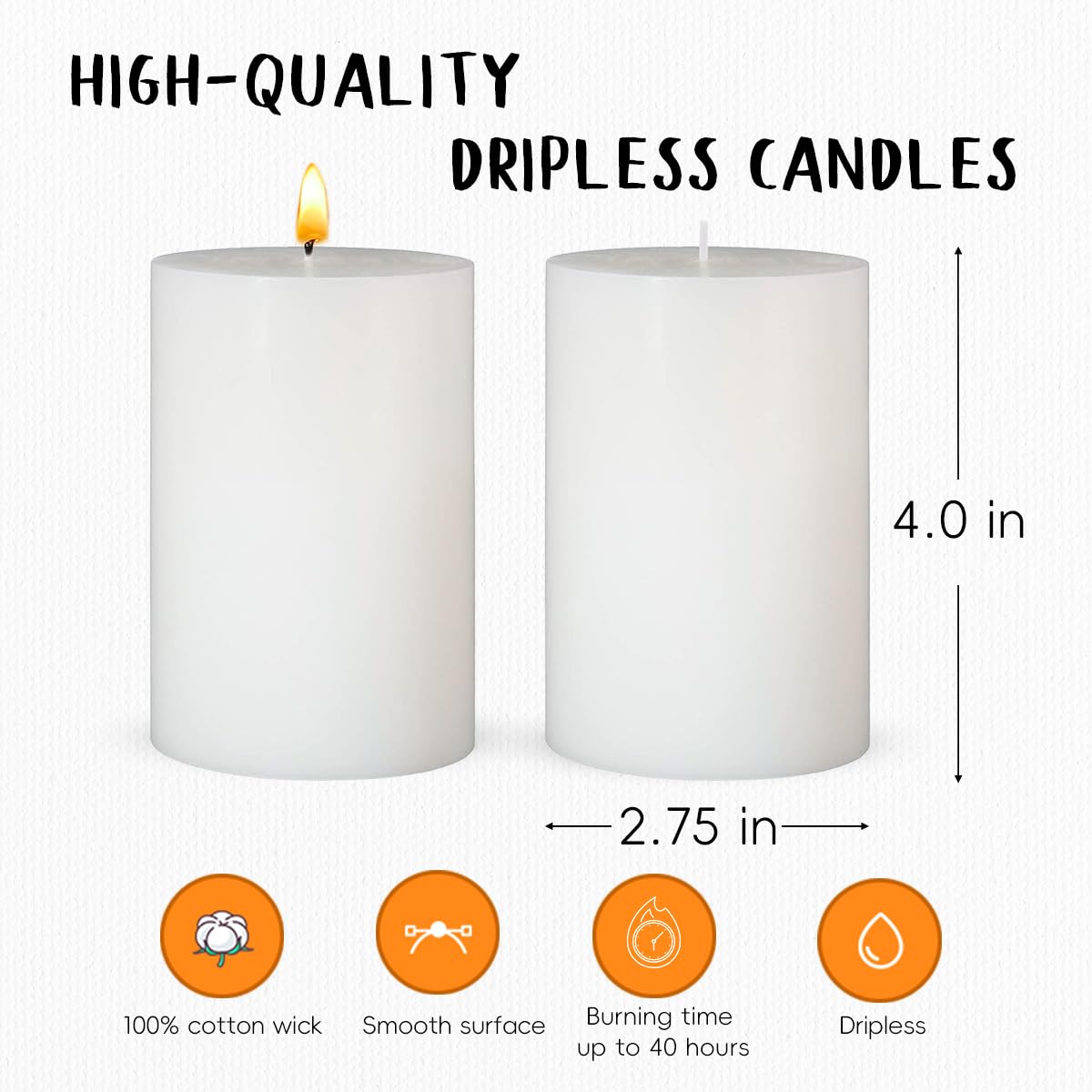 6 Packs Dripless White Pillar Candles, Unscented 2.75x4 Inch Cylinder Wax Candles for Home Table Holiday Party Spa Decor Emergency