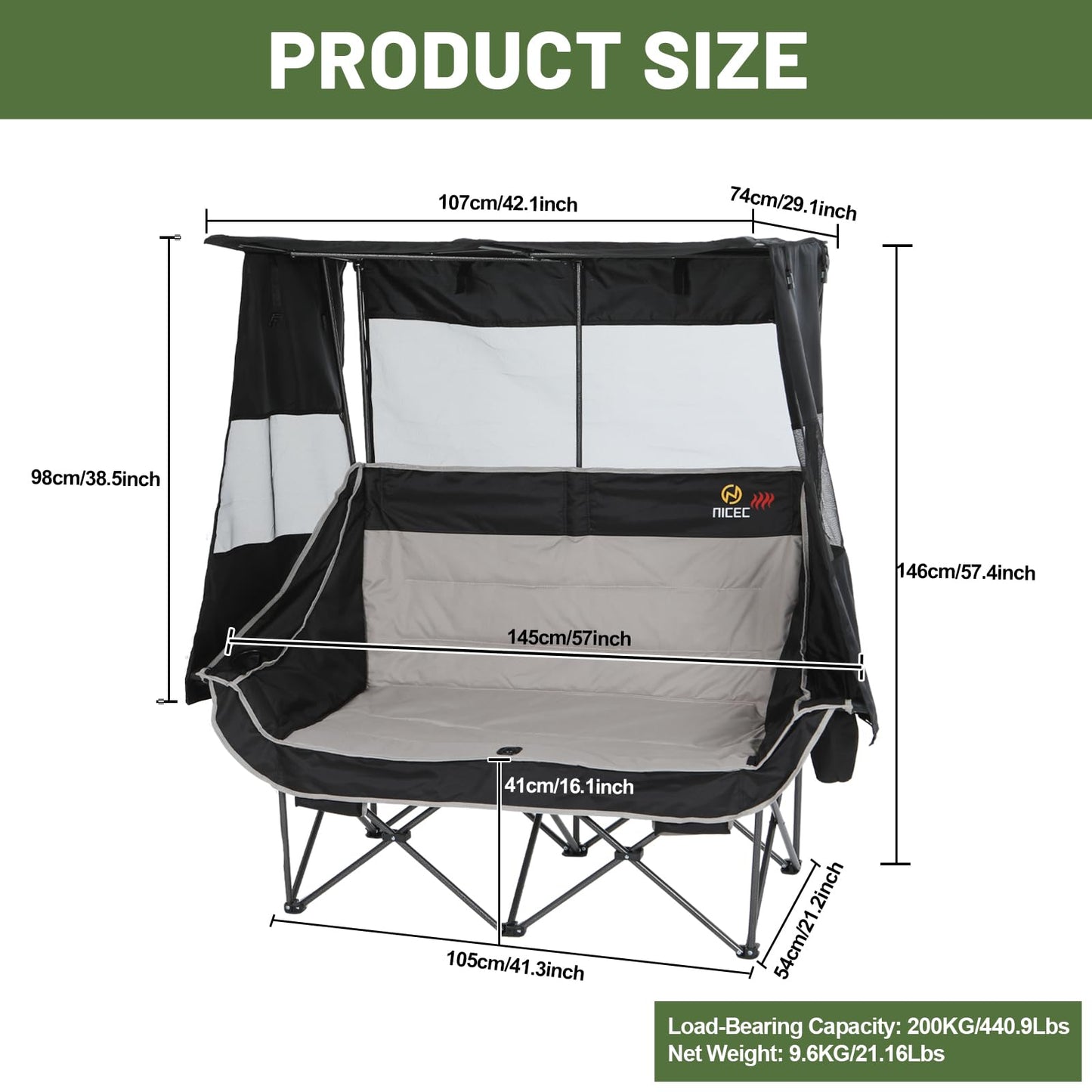 Nice C Heated Double Camping Chair with Canopy, Heated Outdoor Sports Folding Bench with Battery, Portable Padded Umbrella Chairs, Couch with Shade, Cup Holder, Cooler Bag, Loveseat For Lawn, Outdoors