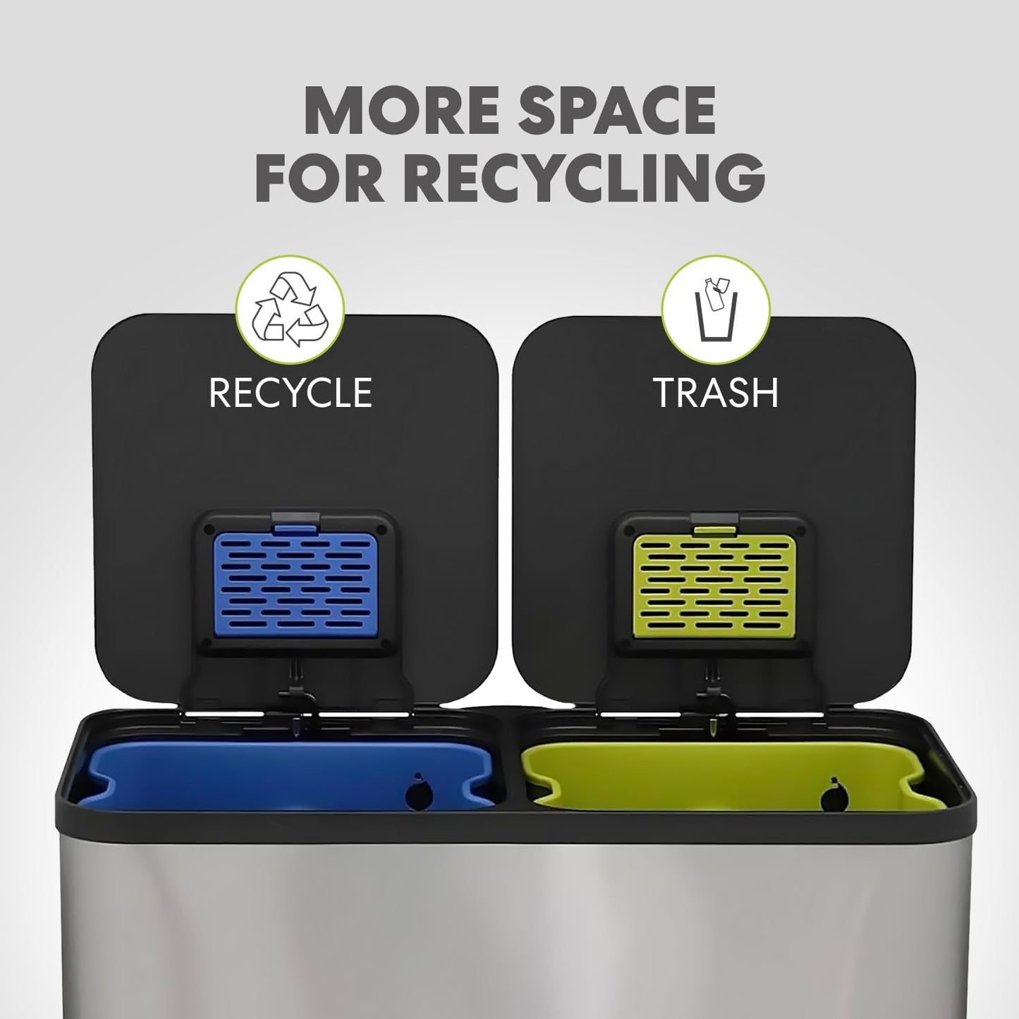 SIMPLI-Magic 21 Gallon (80L) Dual Compartment Kitchen Trash Can - Hands-Free Step Pedal, Soft-Close Lid, Stainless Steel Recycling Bin with Odor Filter (40L + 40L)