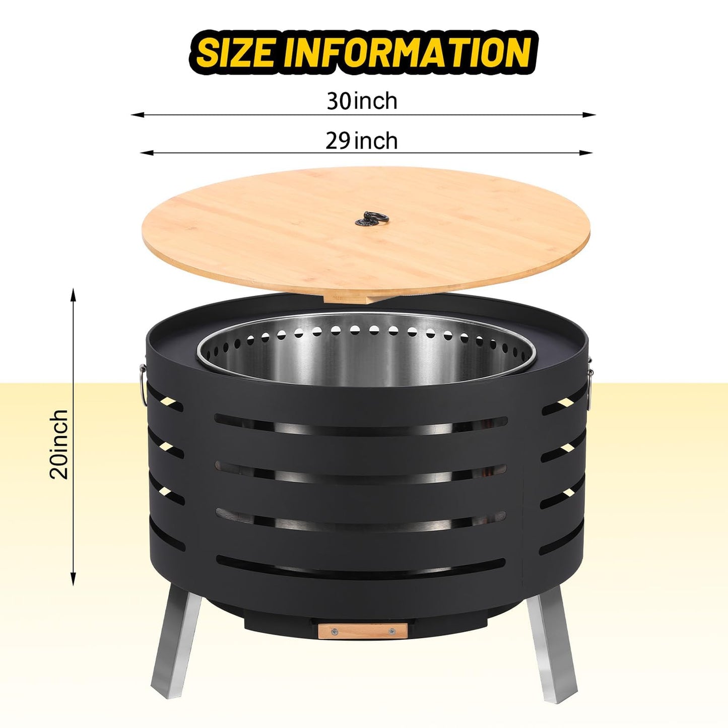 30 Inch Smokeless Outdoor Fire Pit, Outdoor Firepit Table with Removable Ash Pan,Bamboo Lid, Rainproof Cover,Portable Metal Firepit for Patio, Backyard, Camping