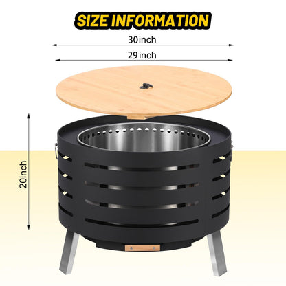 30 Inch Smokeless Outdoor Fire Pit, Outdoor Firepit Table with Removable Ash Pan,Bamboo Lid, Rainproof Cover,Portable Metal Firepit for Patio, Backyard, Camping