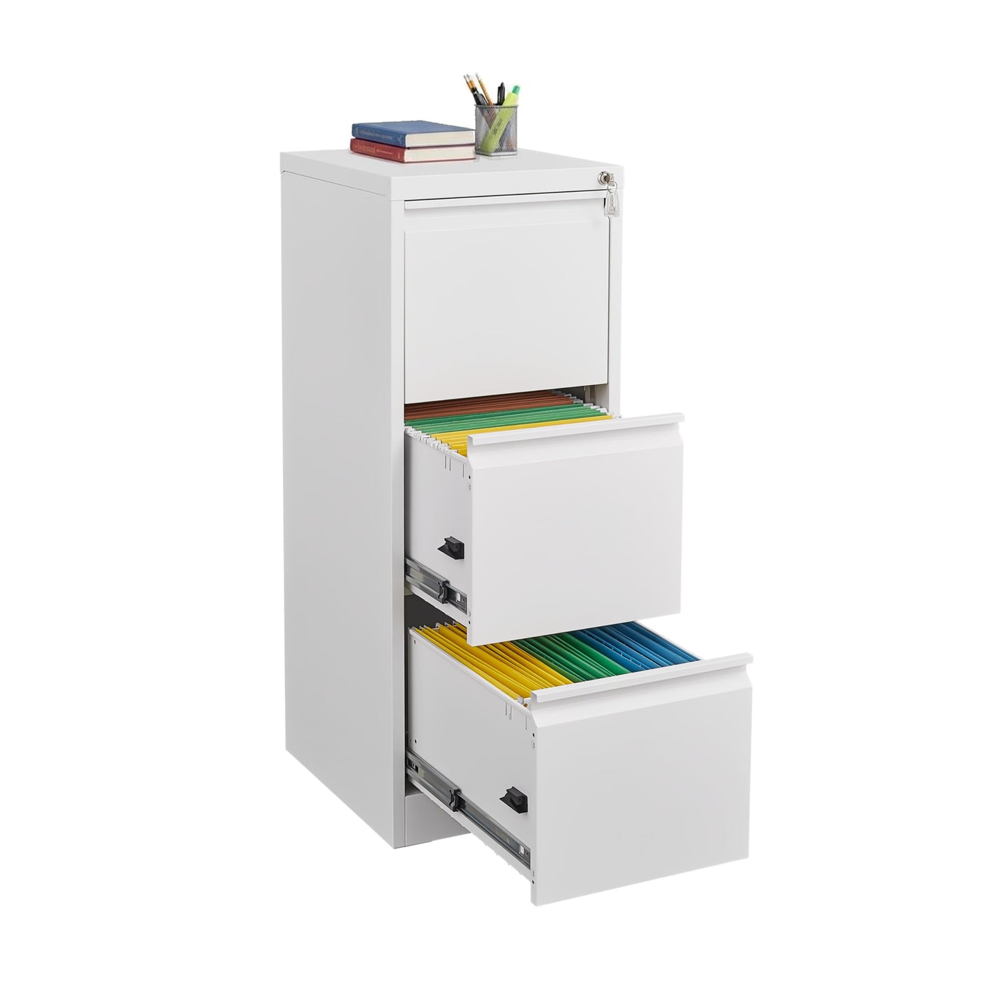 GarveeHome 3 Drawer Vertical File Cabinet with Lock, White Metal Filing Cabinet with Drawers for Home Office, Lockable Storage Cabinet Hanging Letter Size/Legal Files