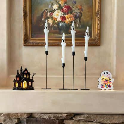 Halloween Ghost Candles Set, Cute Spooky White Taper Candles with Ghost Face for Halloween Decorations, Haunted House, Party Table Centerpiece, Gothic Home Decor, Trick or Treat Supplies (4PCS)