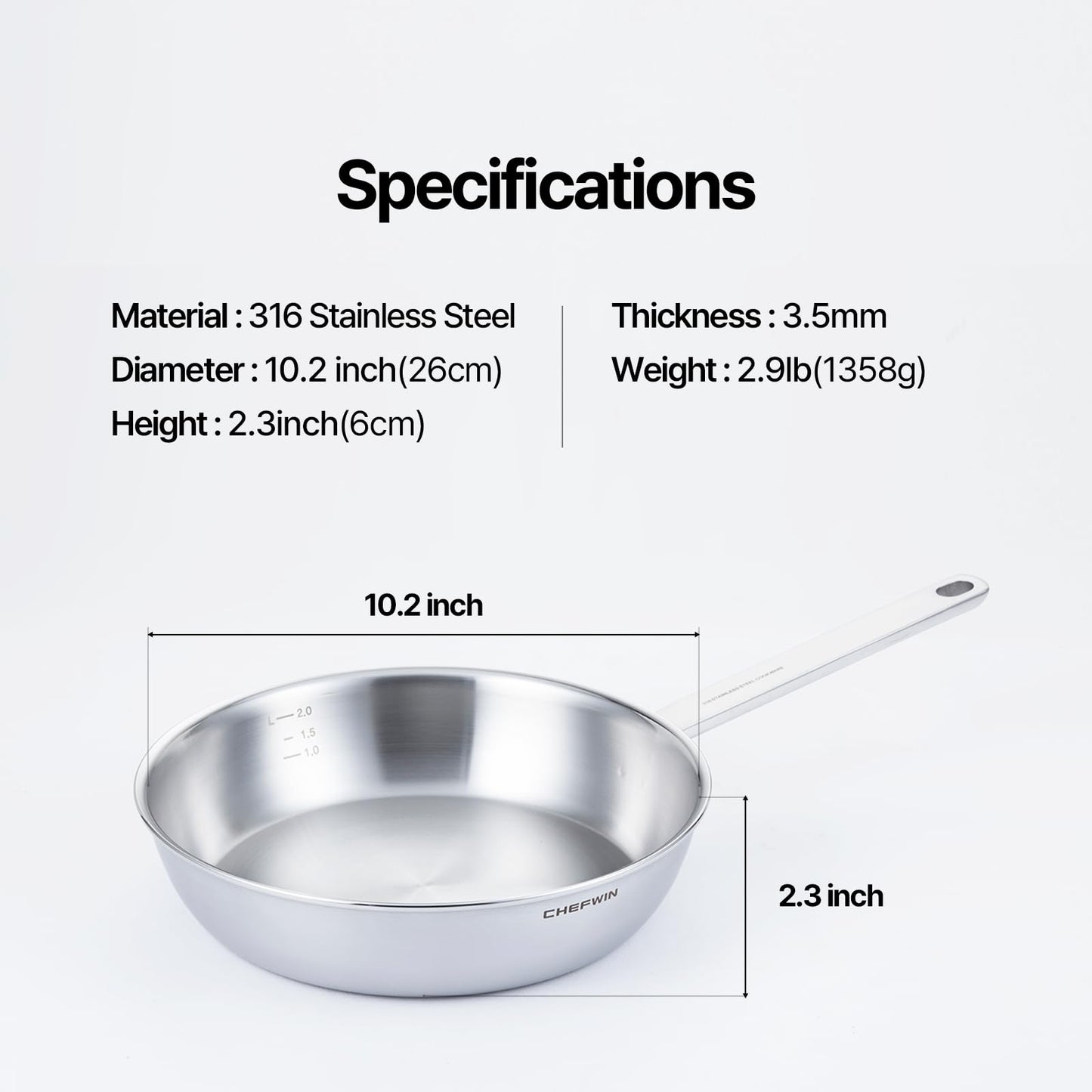 CHEFWIN 10.2-Inch 316 Stainless Steel Frying Pan, 5-Ply Saute pan, Deep Skillet, Induction Cookware, Dishwasher Safe & Oven Safe, Professional Cookware