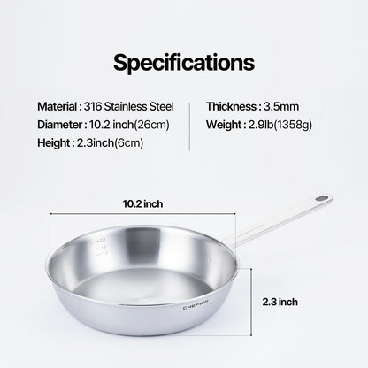 CHEFWIN 10.2-Inch 316 Stainless Steel Frying Pan, 5-Ply Saute pan, Deep Skillet, Induction Cookware, Dishwasher Safe & Oven Safe, Professional Cookware