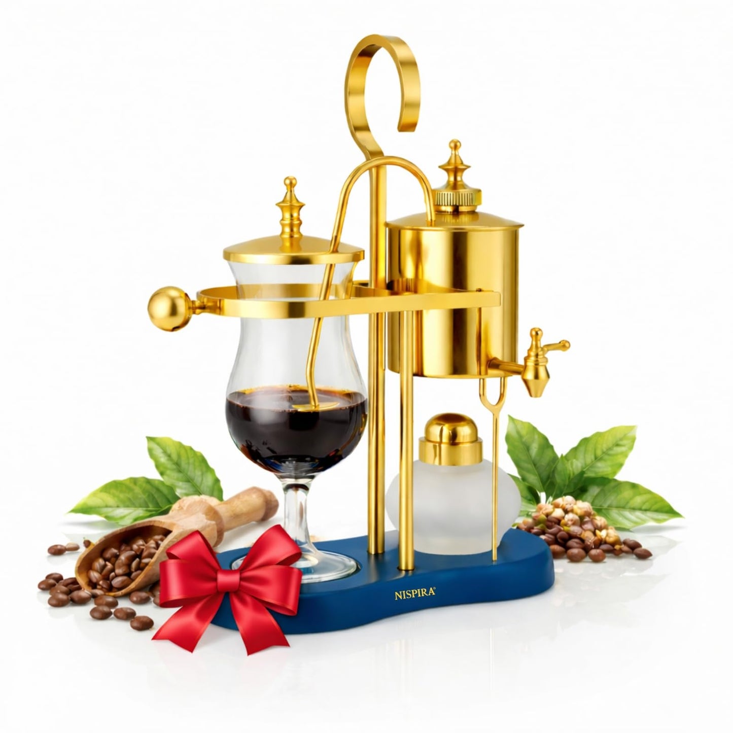 Nispira Belgian Balance Syphon Vacuum Coffee Maker, 500ml Vintage Gravity Brewing System, Gold & Peacock Blue Finish, Manual Tabletop Coffee Brewer