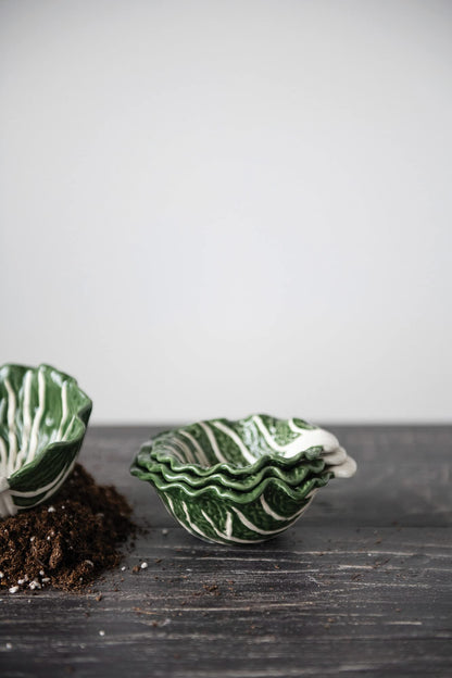 Hand-Painted Cabbage Shaped Stoneware Bowls, Set of 4
