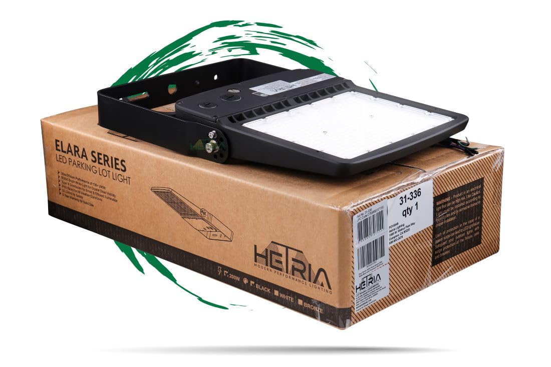 Hetria Lighting 200W - Elara Series - LED Parking Lot Light with Photocell - 28,000 lumens - Bright White 5000K - Wattag Selectable - Flood Mount - Black Housing - DLC 5.1 Premium