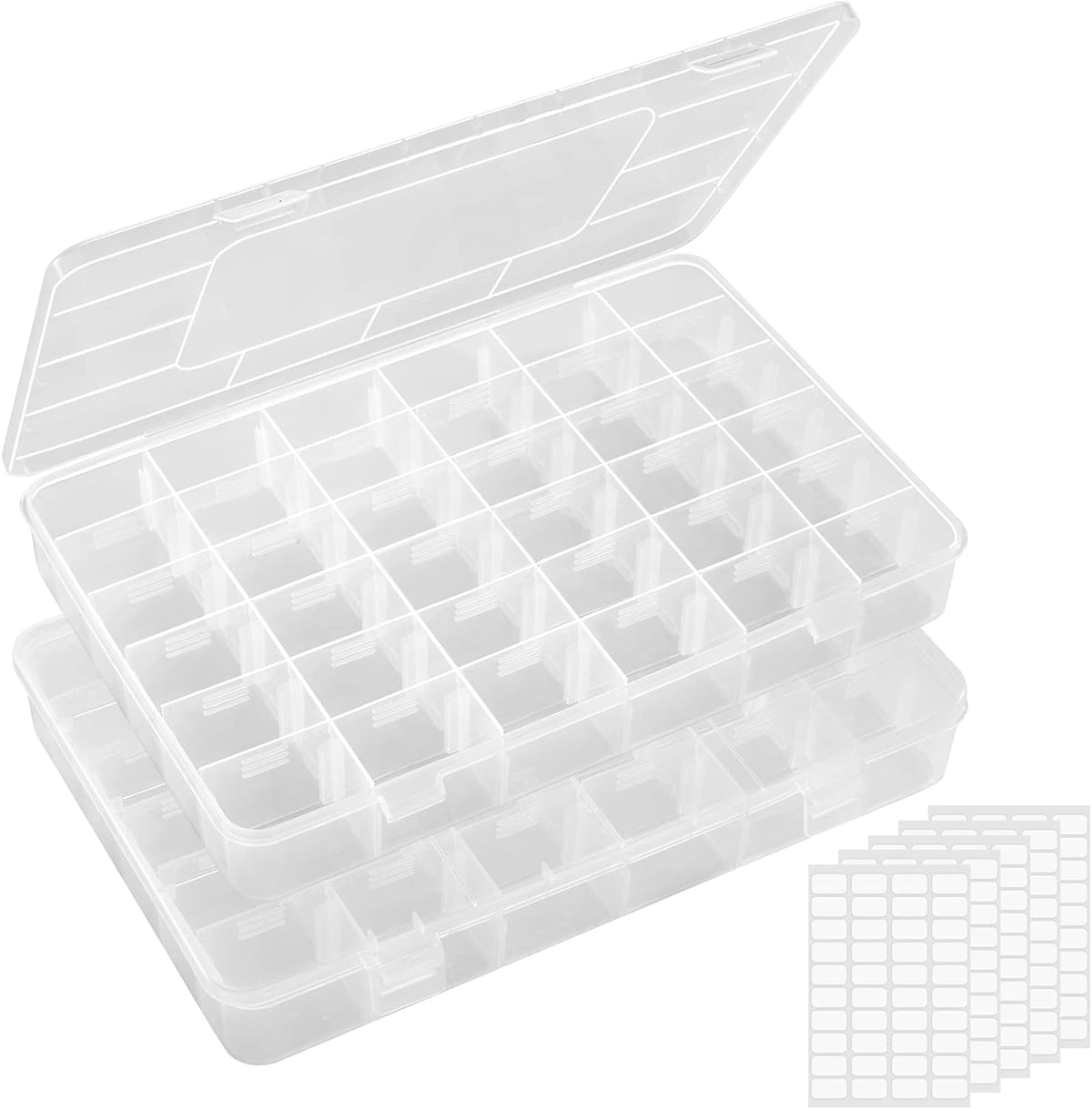 Lifewit 36-Grid Clear Stackable Plastic Organizer - Adjustable Dividers for Crafts & Jewelry | 2 Pack with Labels