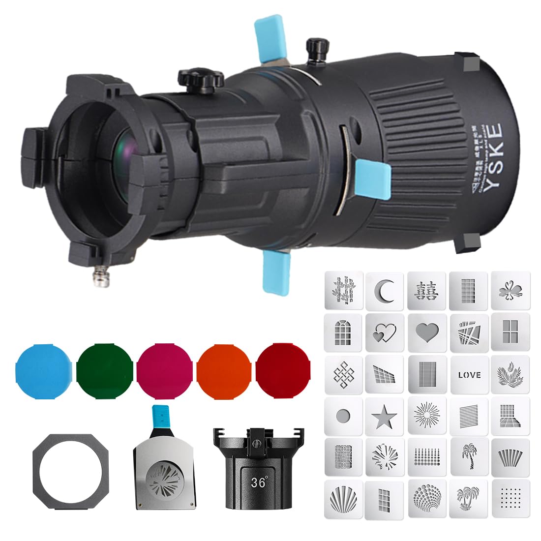 YSKE-Bowens Mount Spotlight Conical Optical Snoot kit 36°,Photography Studio Lighting Accessory with 30 Metal Gobos&5 Color Gels Focus ControlCompatible for Aputure Godox Nee*wer Profoto LED Lights