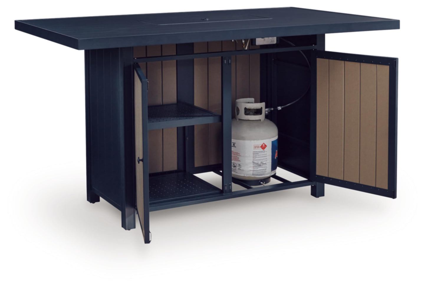 Signature Design by Ashley Mabry Shores Contemporary MEGA-TUFF™ HDPE Weather Resistant Outdoor Bar Table with Fire Pit and Adjustable Flame Control, Blue & Beige