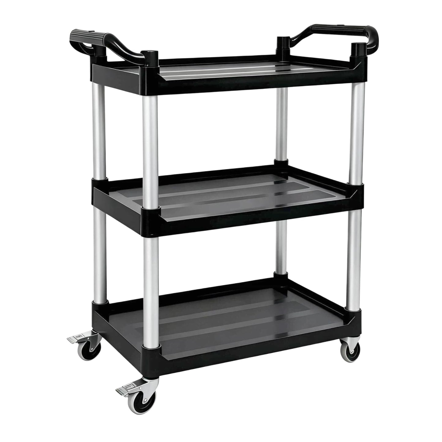 Ufriandz 3 Tier Heavy Duty Rolling Utility Cart with Strong Wheels and Handle 600lbs Load Capacity Plastic Serving Cart for Food Commercial Garage Restaurant Kitchen, Black Storage Shelf