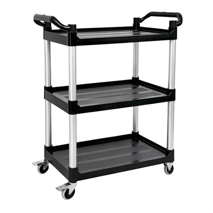 Ufriandz 3 Tier Heavy Duty Rolling Utility Cart with Strong Wheels and Handle 600lbs Load Capacity Plastic Serving Cart for Food Commercial Garage Restaurant Kitchen, Black Storage Shelf