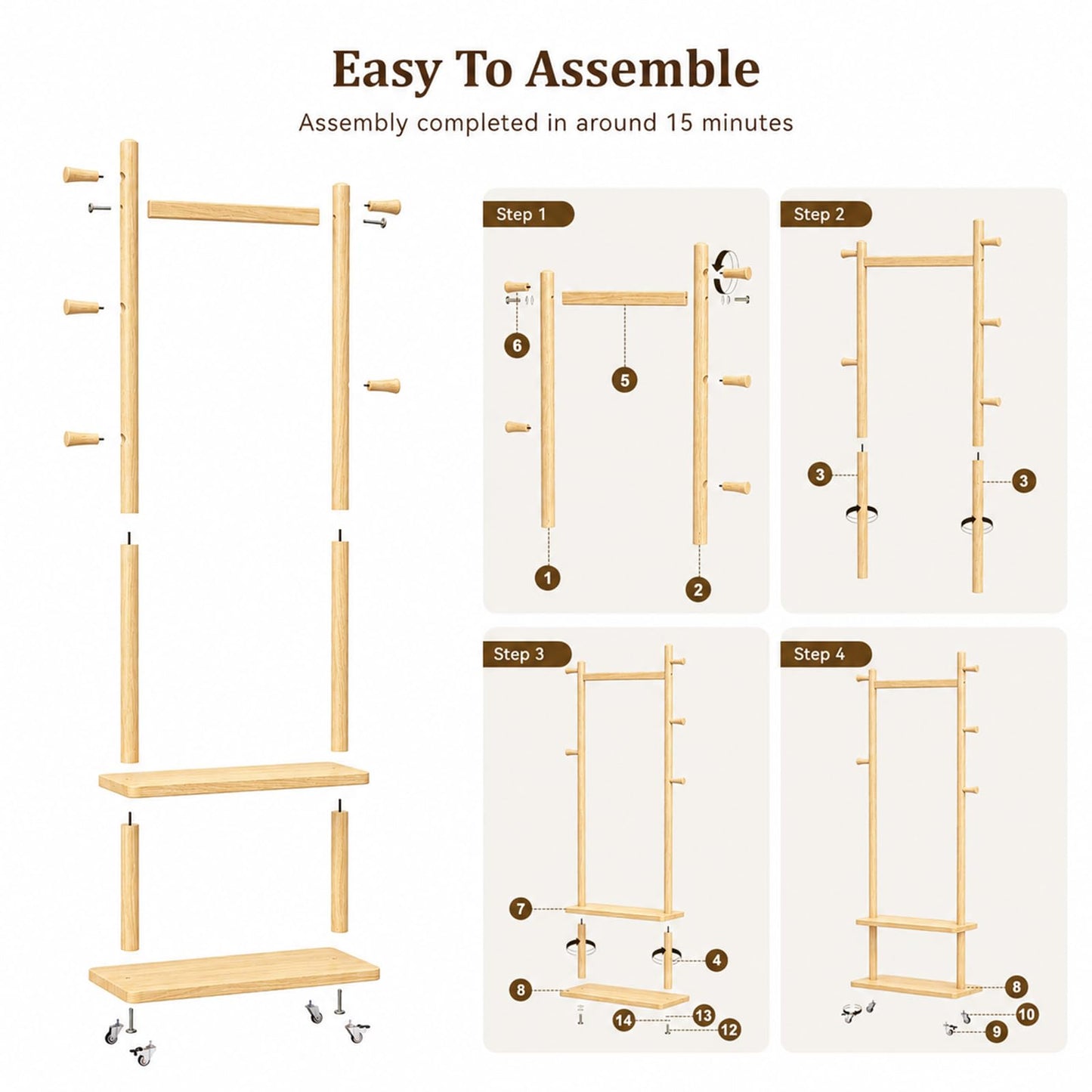 Solid Wood Coat Rack Freestanding Clothing Rack with Wheels & 2 Shelves Storage & 5 Hooks Heavy Duty Clothes Rack Wood Coat Tree Stand Hat Hanger Rack for Corner Bedroom Entryway Living Room Hotel