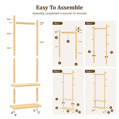 Solid Wood Coat Rack Freestanding Clothing Rack with Wheels & 2 Shelves Storage & 5 Hooks Heavy Duty Clothes Rack Wood Coat Tree Stand Hat Hanger Rack for Corner Bedroom Entryway Living Room Hotel