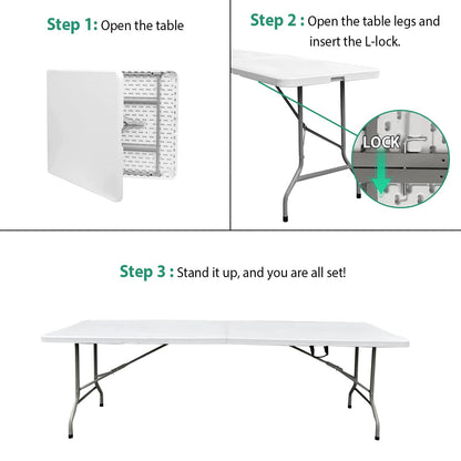 JingPieCle 8ft Folding Table 96 inch, Heavy Duty 8 Foot Portable Plastic Foldable Table with Handle and Fold-in-Half Design, Blow Molded Tabletop for Outdoor, Indoor, Party, Dining and Banquet, White