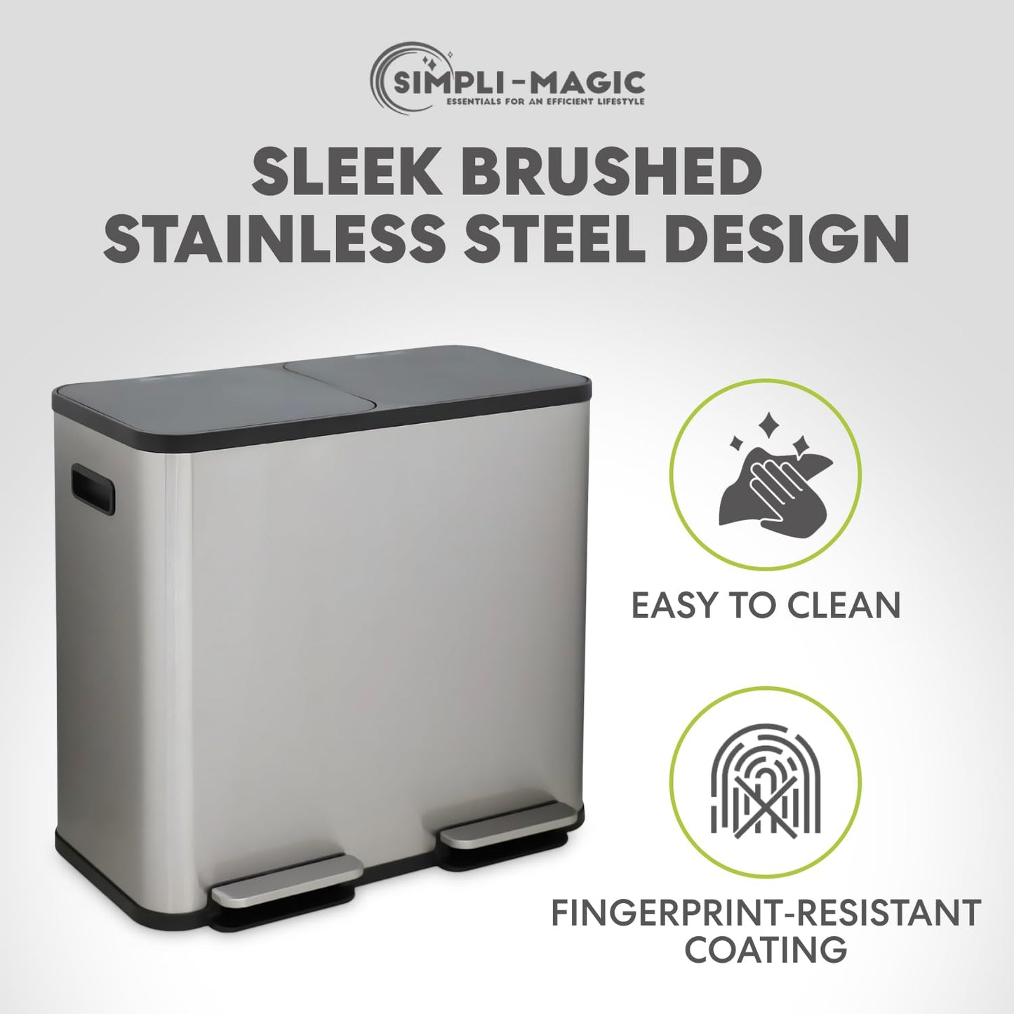 SIMPLI-Magic 21 Gallon (80L) Dual Compartment Kitchen Trash Can - Hands-Free Step Pedal, Soft-Close Lid, Stainless Steel Recycling Bin with Odor Filter (40L + 40L)